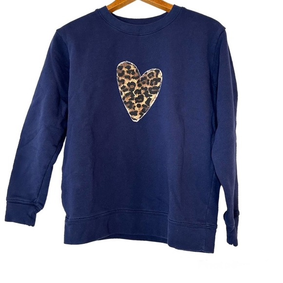 J. Crew Tops - J. Crew Embroidered Leopard Heart Sweatshirt Navy Blue, 100% Cotton, Size XS